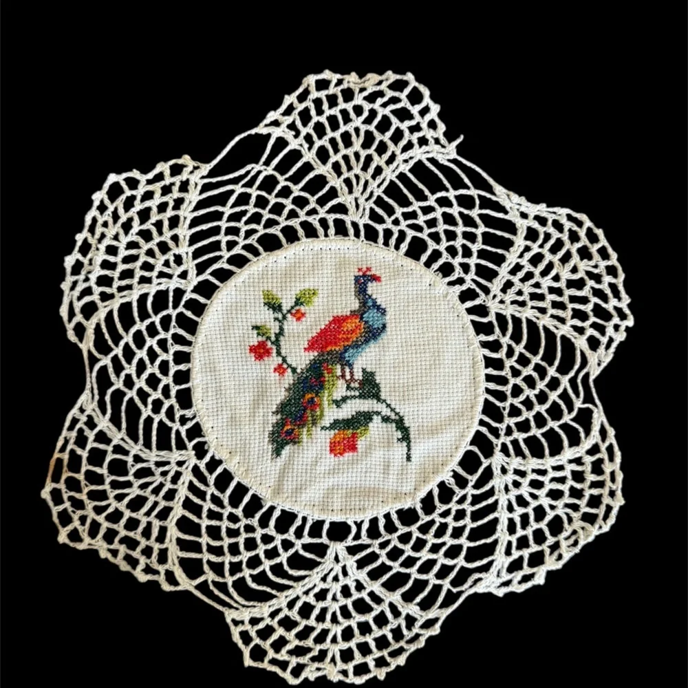Framed Vintage Peacock Embroidery Art